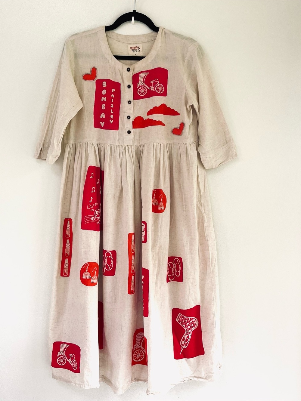 Bombay Paisley Women’s Boho Cotton Dress Fit/Flare Doodle Patches EUC Cream MD